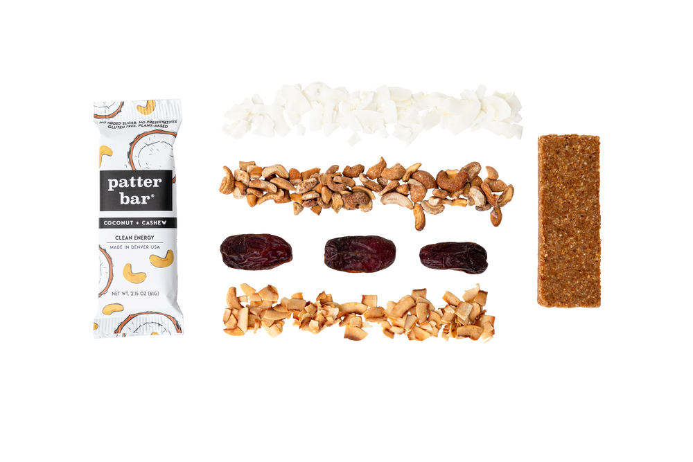 Ingredients for Coconut Cashew Whole Food Energy bar displayed: Organic Medjool Dates, roasted without oil or salt Cashews, toasted without oil or salt Coconut, 100% Virgin Coconut Oil, Sea Salt. 
