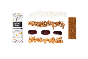 
            
                Load image into Gallery viewer, Ingredients for Coconut Cashew Whole Food Energy bar displayed: Organic Medjool Dates, roasted without oil or salt Cashews, toasted without oil or salt Coconut, 100% Virgin Coconut Oil, Sea Salt. 
            
        